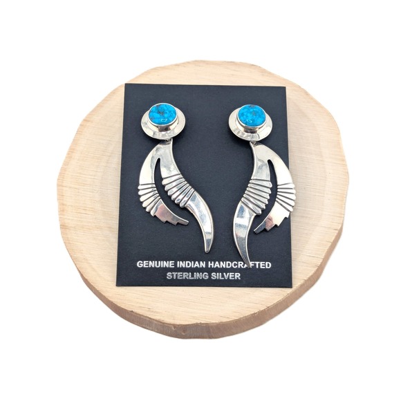 Navajo Earrings Handmade‎ Native American Kingman Turquoise NA Silver Jewelry ** - Picture 3 of 11